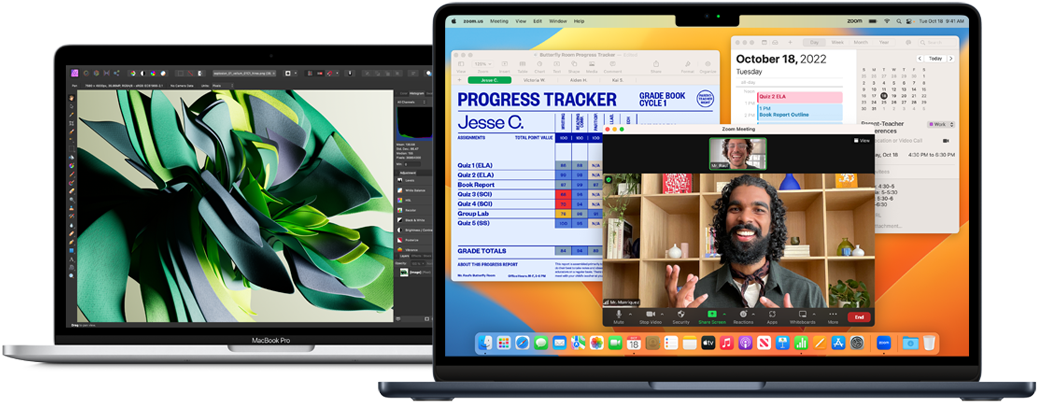 Showcasing 13-inch MacBook Pro in Silver color and MacBook Air with M2 chip in Midnight color, using the apps Zoom, Calendar, Numbers, and Affinity Photo 2.